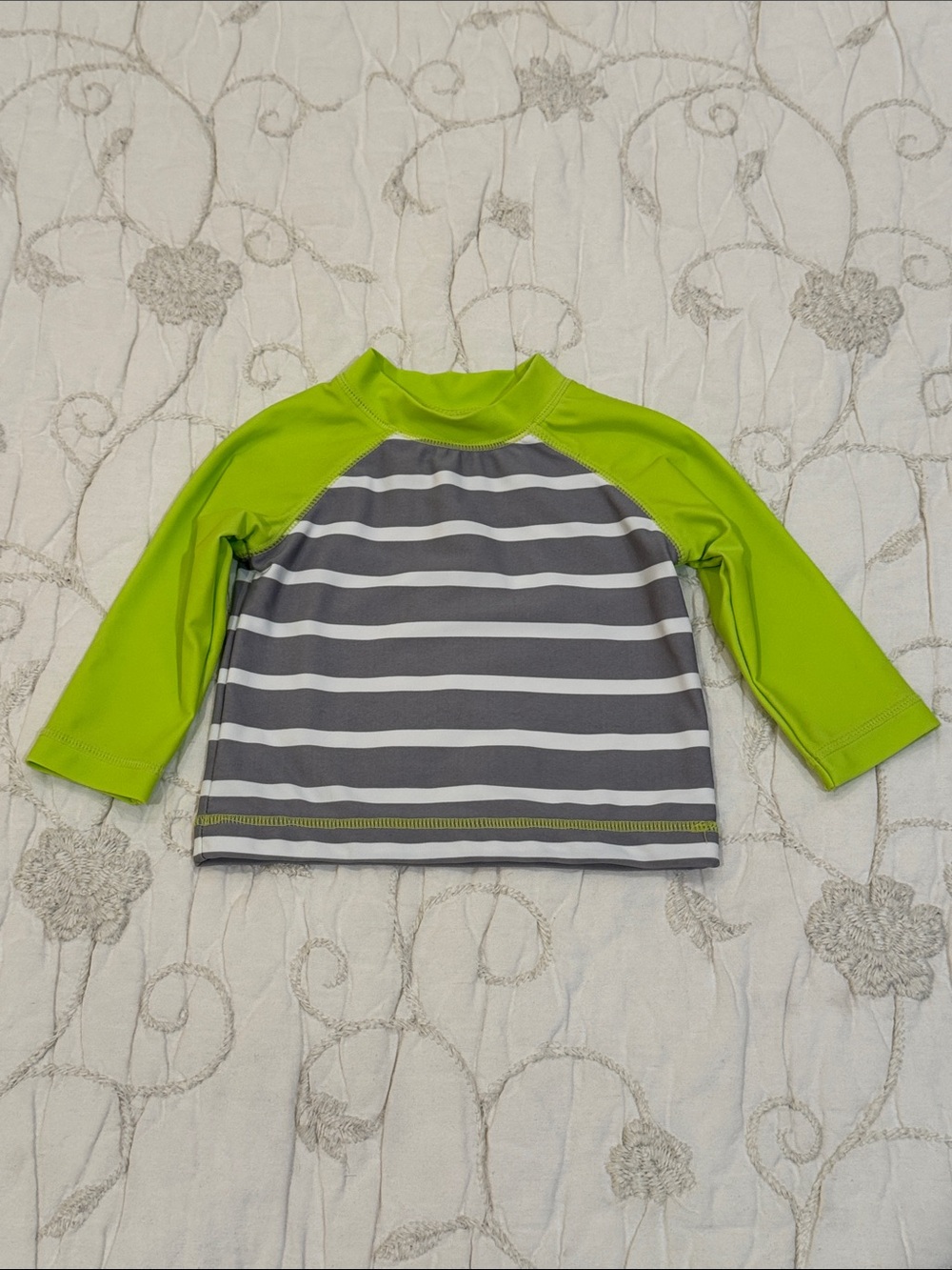 Gymboree Kids Swim Rashguard striped gray white and lime green